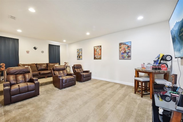 living room featuring light carpet