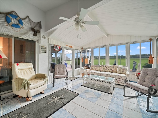 sunroom / solarium featuring lofted ceiling and ceiling fan