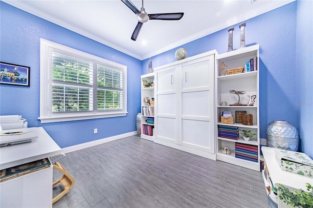 office space with ornamental molding, hardwood / wood-style floors, and ceiling fan