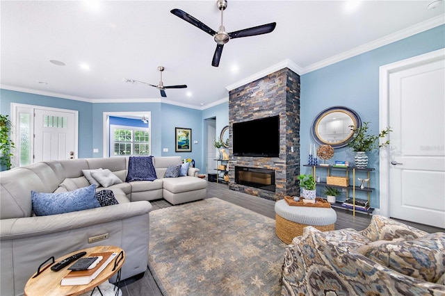 living room with ornamental molding, wood-type flooring, ceiling fan, and a stone fireplace