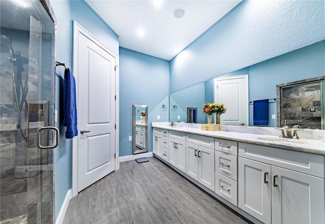 bathroom with vanity, hardwood / wood-style floors, and a shower with door