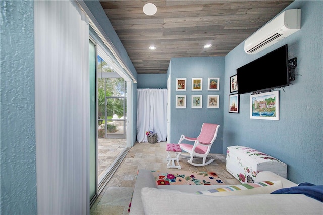 unfurnished bedroom with wood ceiling and an AC wall unit