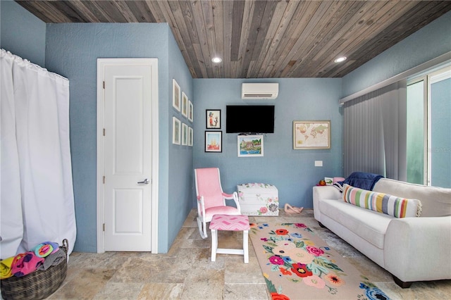 playroom featuring wood ceiling and a wall mounted air conditioner