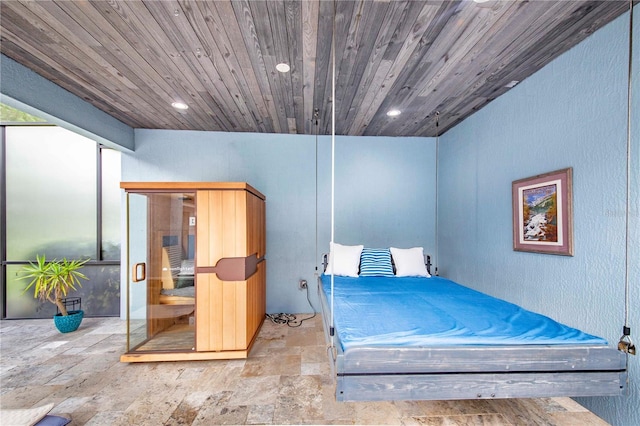 bedroom featuring wood ceiling and billiards