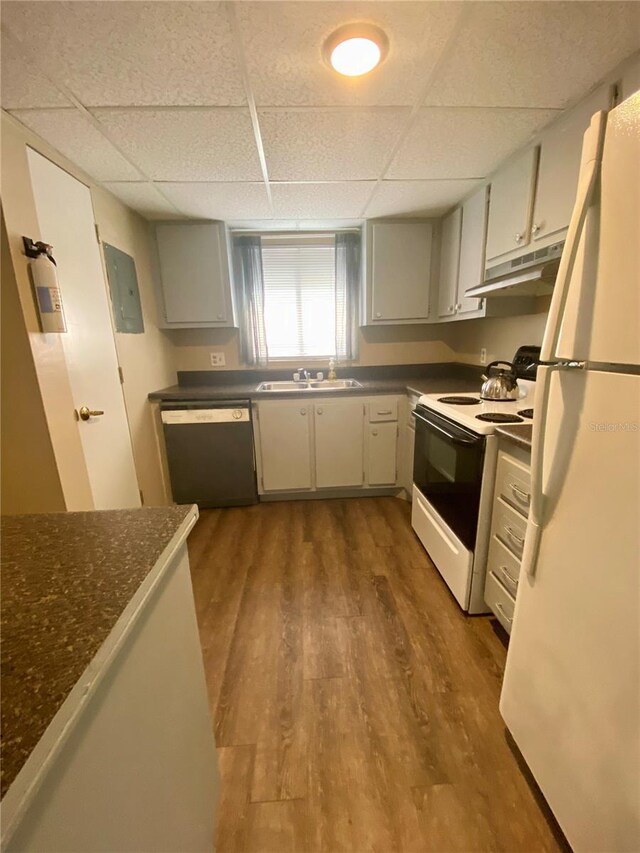 kitchen featuring dark wood-type flooring, a paneled ceiling, sink, and white appliances