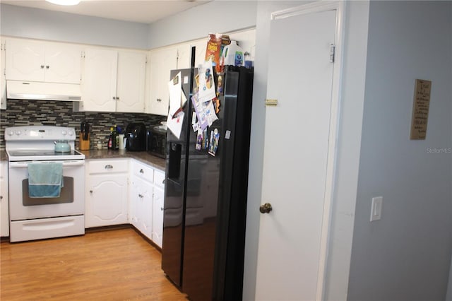 kitchen with white cabinetry, white range with electric stovetop, tasteful backsplash, and black fridge