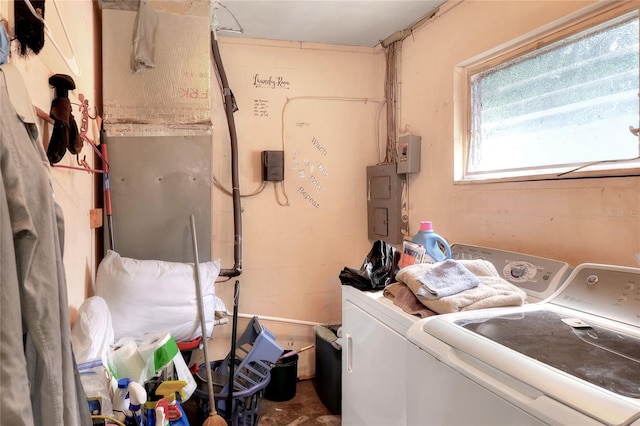 laundry room with washing machine and dryer and electric panel