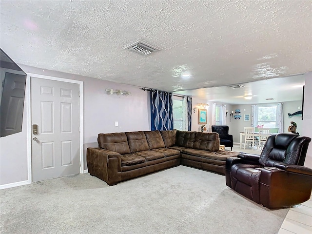 carpeted living room with a textured ceiling