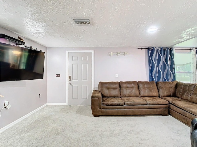 living room featuring carpet floors and a textured ceiling