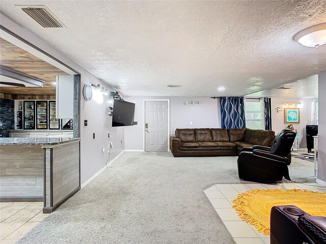 living room featuring light carpet and a textured ceiling