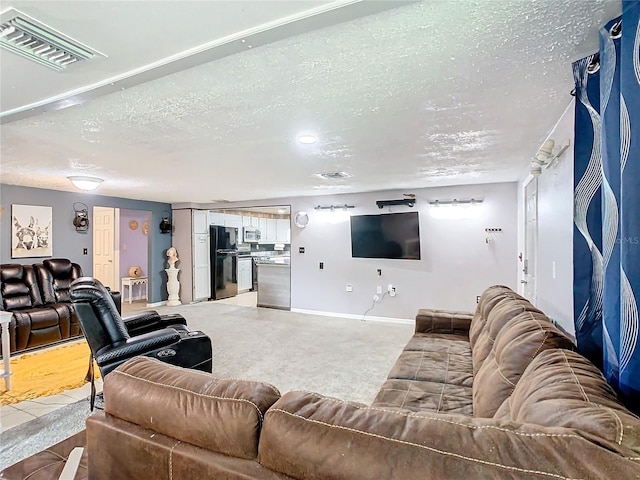 living room featuring a textured ceiling and carpet