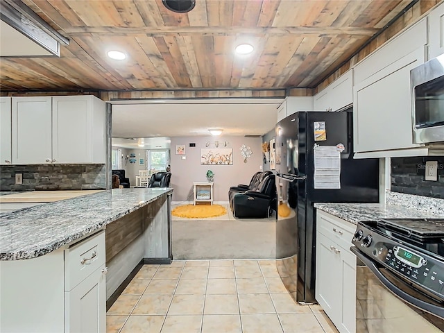 kitchen with wooden ceiling, black appliances, light tile patterned flooring, and white cabinetry