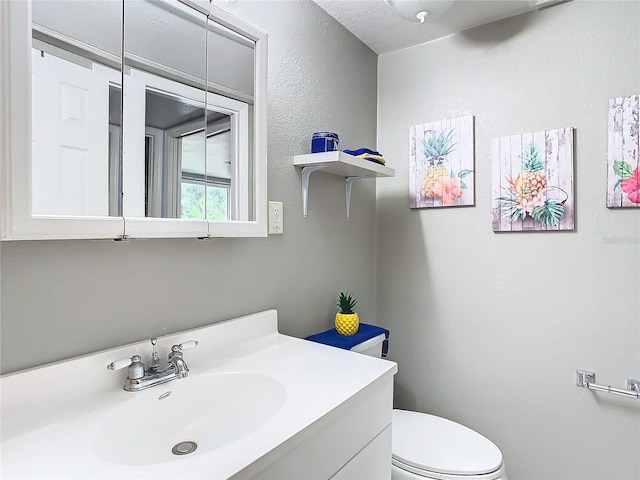 bathroom with vanity, toilet, and a textured ceiling