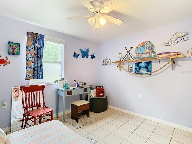 bedroom with ceiling fan and light tile patterned flooring