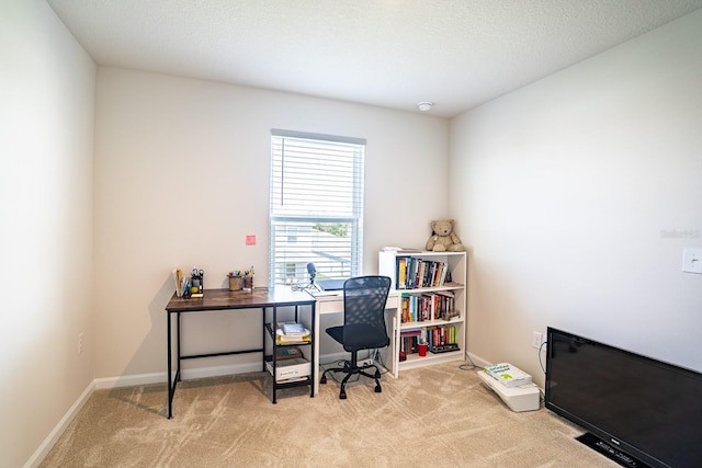 office with a textured ceiling and light carpet