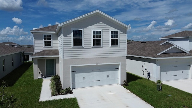 5031 Starboard St, Haines City, FL 33844 - traditional-style home with driveway, a garage, a front lawn, a shingled roof, and stucco siding