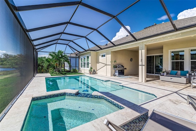 view of pool featuring a patio area, an in ground hot tub, area for grilling, an outdoor living space, and glass enclosure