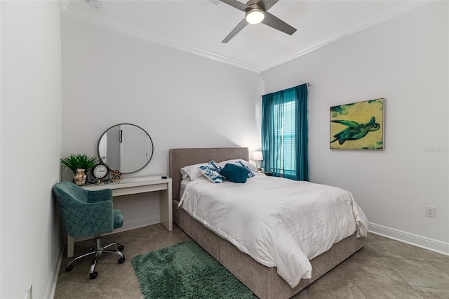 bedroom with ceiling fan and ornamental molding