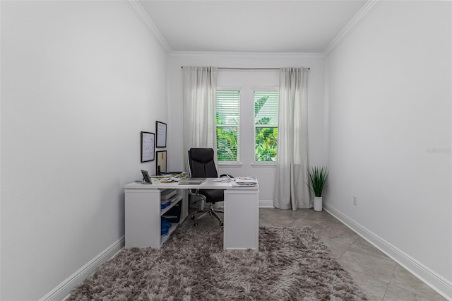 tiled home office featuring crown molding