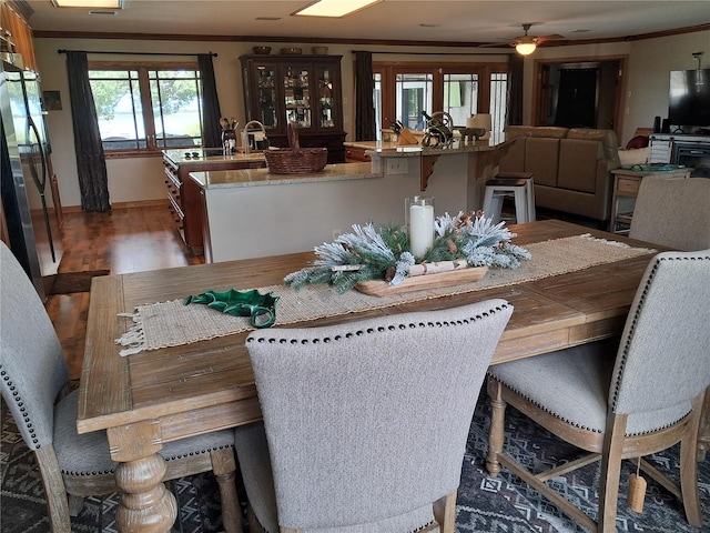 dining room with ceiling fan, dark hardwood / wood-style flooring, and crown molding