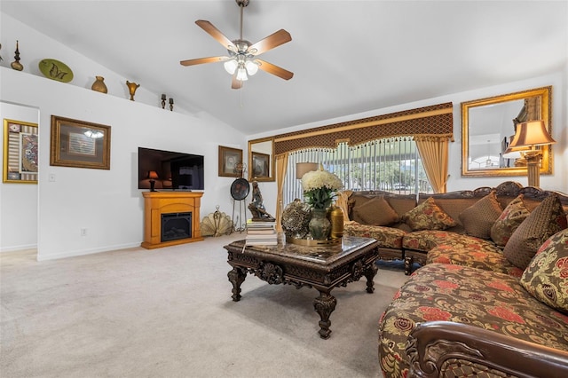 living room featuring high vaulted ceiling, ceiling fan, and carpet floors