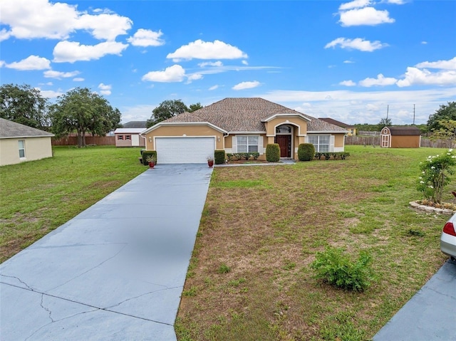 single story home with a front yard and a storage unit