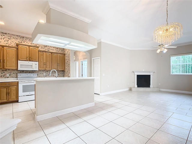 kitchen featuring a fireplace with raised hearth, ornamental molding, white appliances, light countertops, and light tile patterned floors