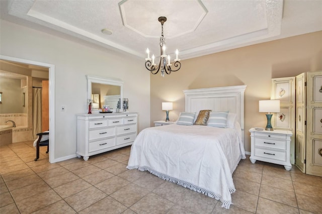 bedroom with a notable chandelier, a textured ceiling, a raised ceiling, and light tile patterned floors