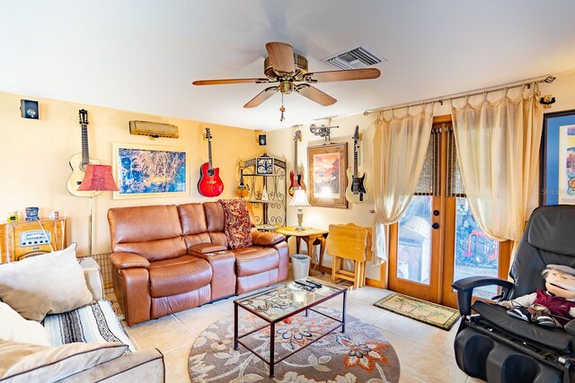 4822 Melody Ln, Lakeland, FL 33805 - living room with tile patterned flooring, a ceiling fan, and french doors
