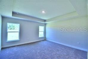 empty room with a raised ceiling and dark colored carpet