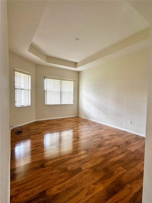 spare room featuring dark hardwood / wood-style floors and a raised ceiling