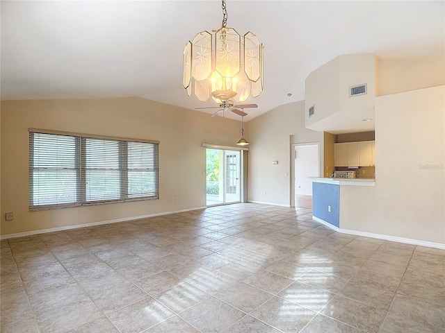 unfurnished living room featuring vaulted ceiling, ceiling fan, and light tile patterned floors