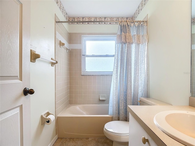 full bathroom featuring vanity, toilet, and shower / bathtub combination with curtain