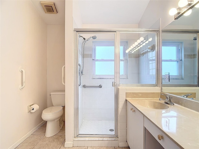 bathroom with a wealth of natural light, a shower with shower door, vanity, and toilet