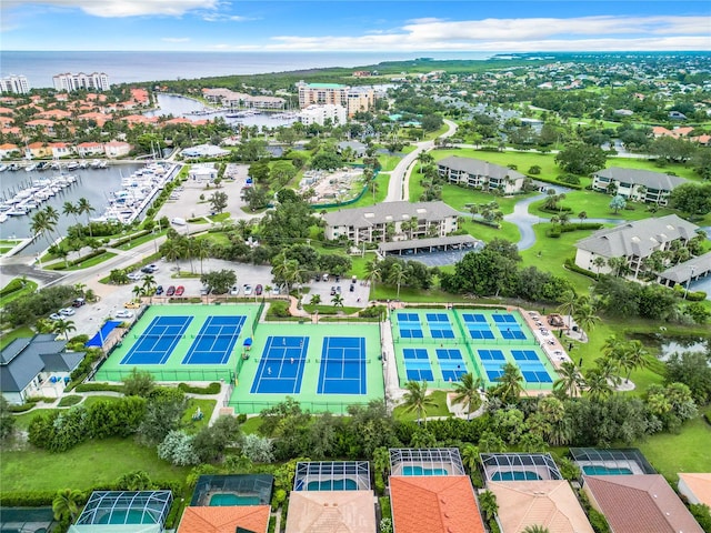 bird's eye view with a water view