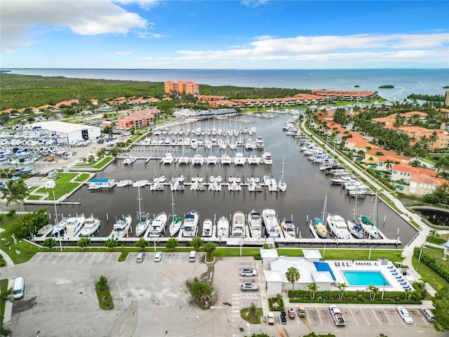 drone / aerial view with a water view