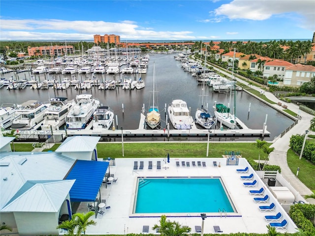 aerial view featuring a water view