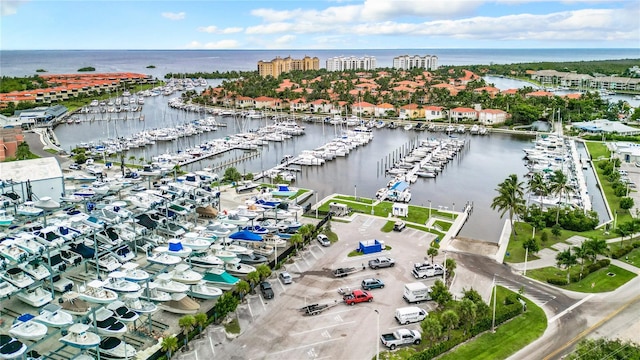 bird's eye view with a water view