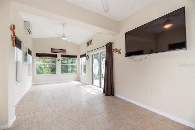 unfurnished room with light tile patterned floors, baseboards, a ceiling fan, lofted ceiling, and a wall mounted air conditioner