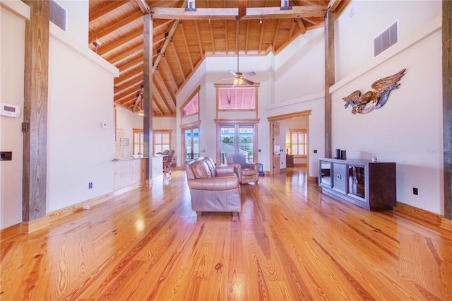 living room with wood ceiling, beamed ceiling, and high vaulted ceiling