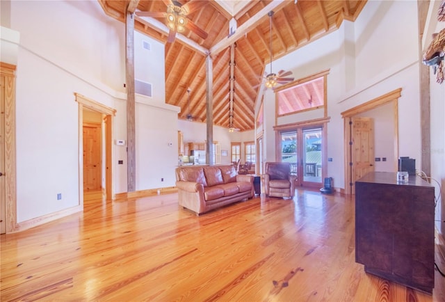 living room featuring high vaulted ceiling, beam ceiling, ceiling fan, and wooden ceiling