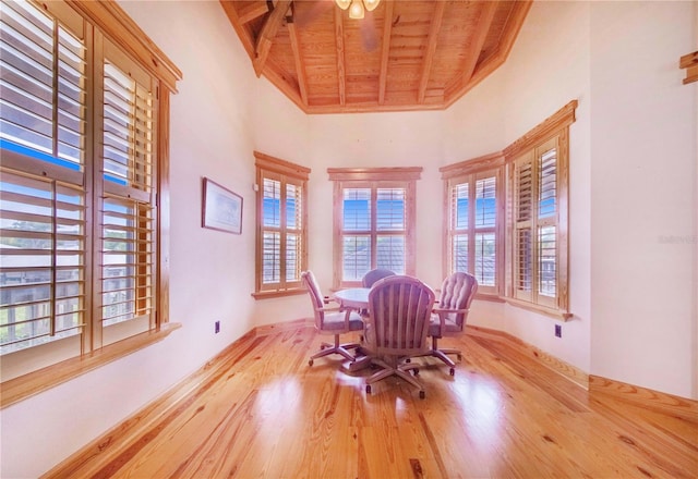 dining room with light hardwood / wood-style flooring, beam ceiling, wooden ceiling, and a healthy amount of sunlight