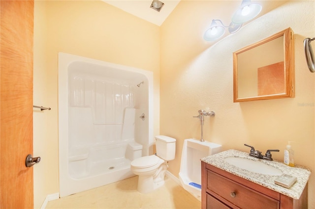 bathroom featuring vaulted ceiling, a shower, vanity, and toilet