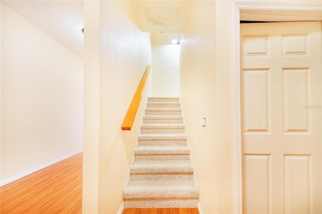 staircase with hardwood / wood-style flooring