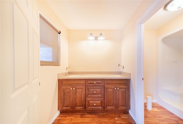 bathroom featuring vanity and hardwood / wood-style floors