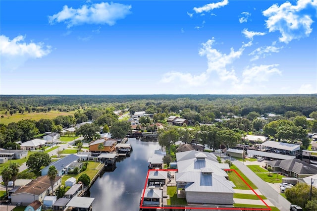 drone / aerial view featuring a water view