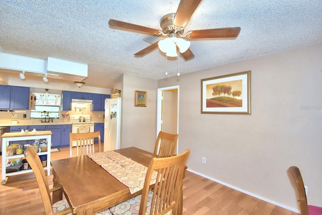 dining area featuring light wood-type flooring, ceiling fan, a textured ceiling, and sink