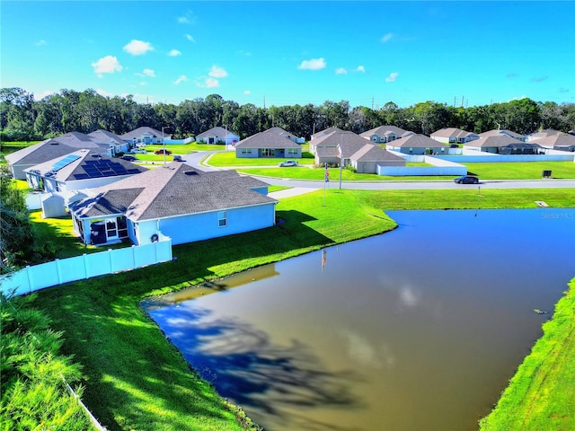 bird's eye view with a water view