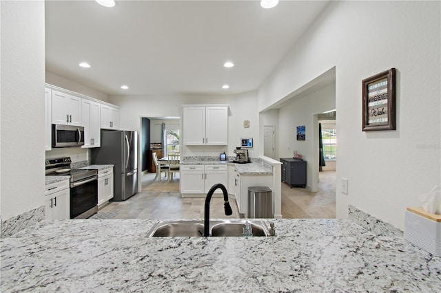 kitchen featuring kitchen peninsula, light stone counters, stainless steel appliances, sink, and white cabinets