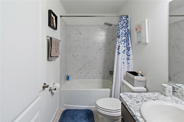 full bathroom with toilet, vanity, and shower / tub combo with curtain